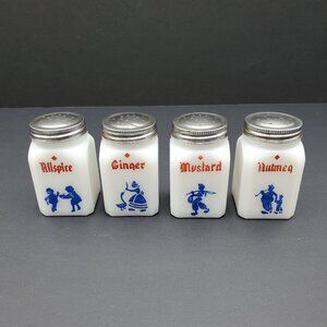 Hazel Atlas Dutch Milk Glass Spice Jars McKee Dutch Themed Spice Shakers